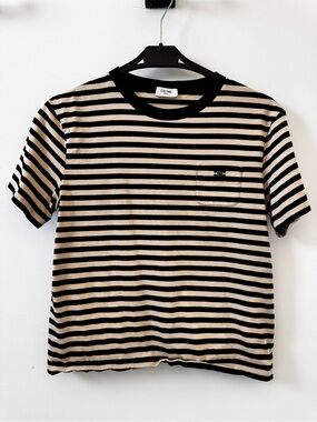 Celine Black and Cream Striped Short-Sleeve Pocket Tee